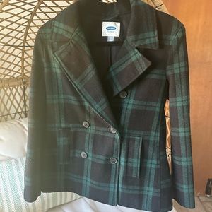 Old Navy Green Black Christmas Plaid Double Breasted 41% Wool Winter Jacket Sz S